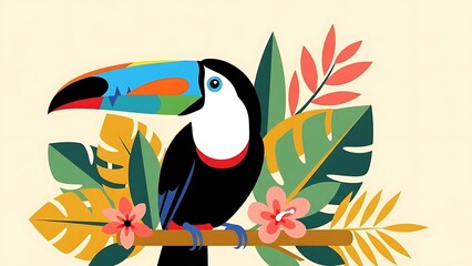 Naklejka premium Colorful Toucan Bird Perched on Branch Surrounded by Tropical Foliage and Flowers