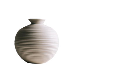 White ceramic vase with textured horizontal lines on transparent background, modern minimalist design element