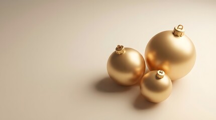Minimal holiday composition of golden Christmas baubles on a soft neutral gradient background. Elegant lighting enhances metallic shine while open copy space supports premium seasonal marketing.