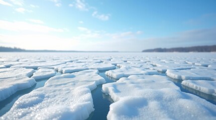 Frozen landscape with cracked ice and clear blue sky