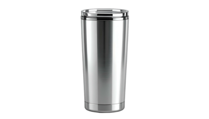 A polished, stainless steel tumbler, with a lid, isolated against a dark background