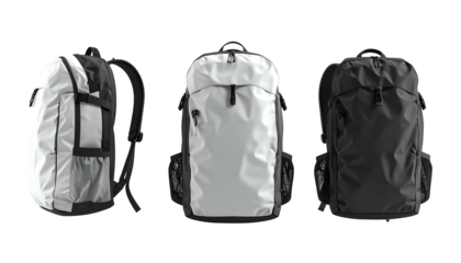 Three backpacks in white and black, various angles, against a black background
