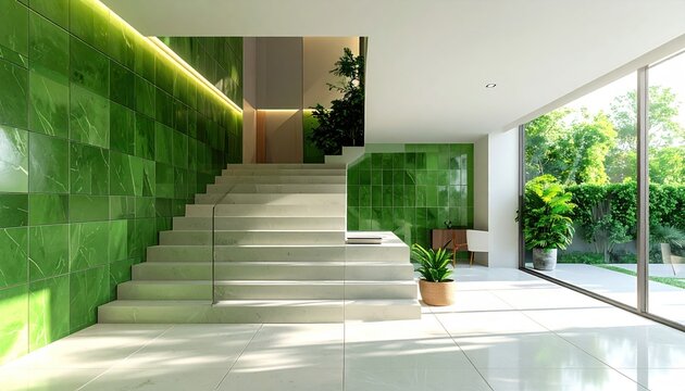 A vibrant and eco-friendly interior showcasing a staircase with green tile walls, emphasizing modern sustainable architecture and passive design principles for energy efficiency.