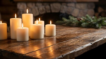 Overhead flat-lay of tea lights arranged in clean geometric patterns on a neutral surface. Warm candle glow, minimal shadows and open copy space create a calm, modern, cozy atmosphere.