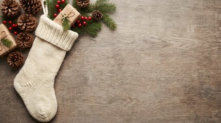 Rustic Christmas flat-lay with stockings, pine cones, evergreen sprigs, and small gifts on a wooden surface. Warm winter light and open negative space ideal for festive text overlays.