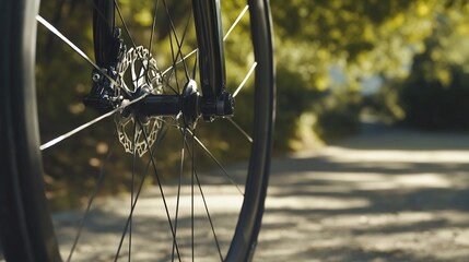 Close up of a bicycle wheel with nature background on a sunny day