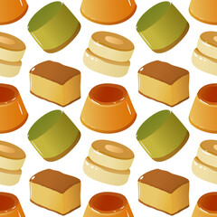 Japanese Dessert Seamless Pattern Pudding Flan Matcha Sweets
