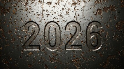 2026 embossed on rusty, scratched metal surface, industrial texture