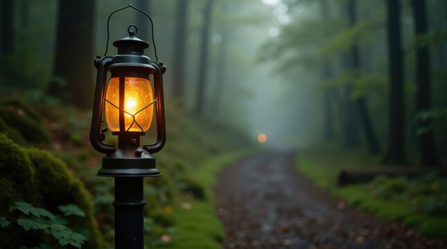 Enchanted forest path lit by glowing lanterns at dusk