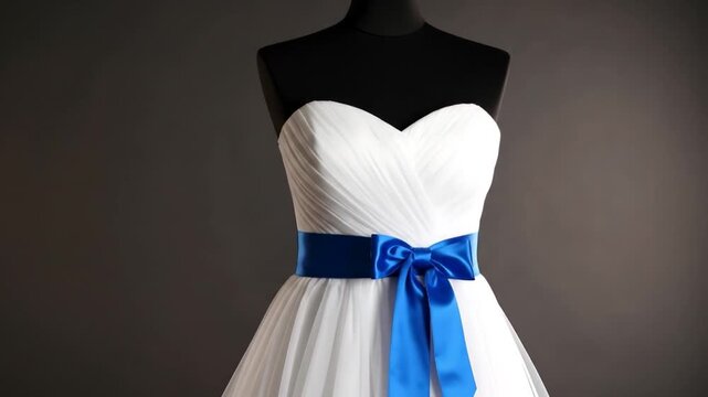 White wedding dress with blue sash.