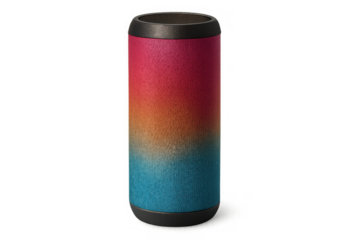 Slim insulated can cooler with vibrant color gradient, providing refreshing beverage holder on transparent background