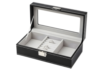 Black leather watch box with clear lid for displaying watches isolated on transparent background