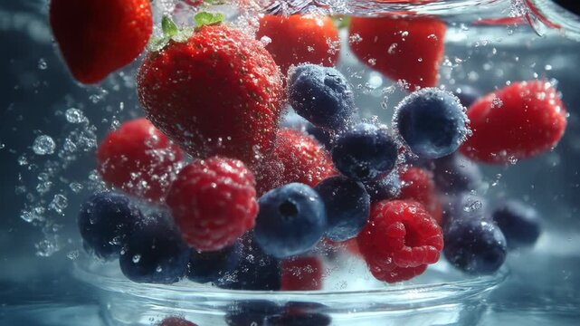 Dynamic, refreshing mix of fresh berry fruit strawberry, blueberry, and raspberry create vibrant, healthy splash in clean water. Delicious, natural, organic lifestyle food concept