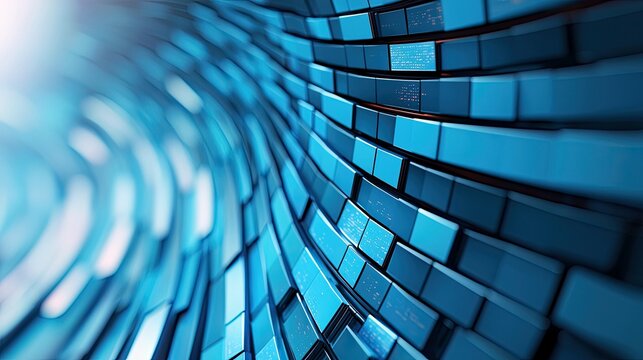 An abstract image of a blue geometric structure with a curved design, showcasing a play of light and shadow.