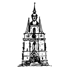 Basilica of St. Wendelin, Saarland, Germany. Gothic church in Sankt Wendel. Medieval architectural monument. Hand drawn linear doodle rough sketch. Black and white silhouette.