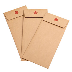 Set of three kraft paper style hongbao envelopes with red seals on a neutral background