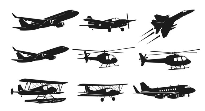 Collection of diverse aircraft silhouettes including airplanes helicopters and seaplanes.
