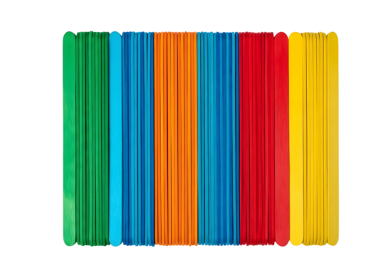 Colorful craft sticks arranged in a rainbow pattern isolated on transparent background