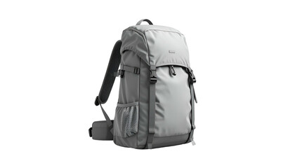 Gray, urban-style backpack with side pockets, straps, and buckles, on black background