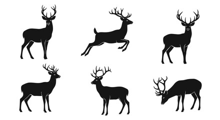 Fototapeta premium Collection of Six Black Deer Silhouettes in Various Poses.
