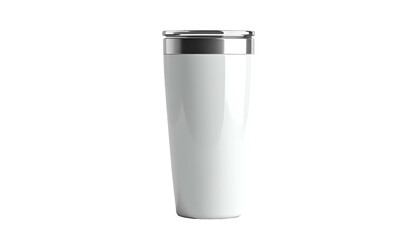 Isolated, sleek, white travel tumbler with a silver rim, against a solid black background