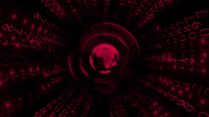 Magenta red color globe rotating and flowing into binary code 3d tunnel hi tech design dark technology background - Powered by Adobe