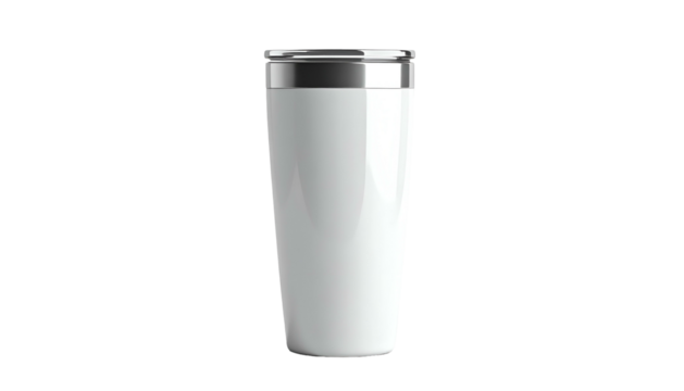 Isolated, sleek, white travel tumbler with a silver rim, against a solid black background