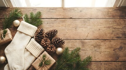 Festive winter still life featuring stockings, pine cones, evergreen sprigs  and wrapped gifts on rustic wood. Warm diffused light and generous copy space create a cozy holiday background.