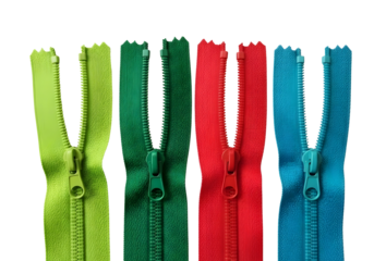 Four colorful zippers in a row isolated on transparent background