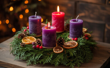 Advent wreath with four lit candles and festive decorations