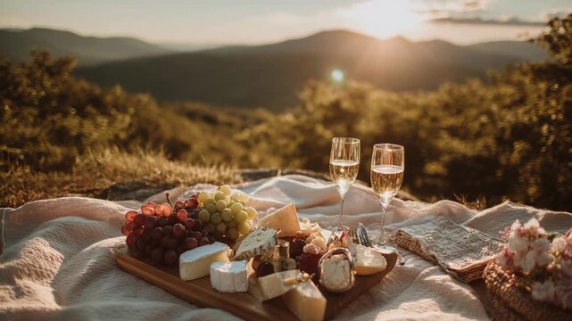 Romantic outdoor picnic for couple, enjoying food, wine, and cheese with stunning mountain sunset backdrop. serene and beautiful escape into nature for perfect date