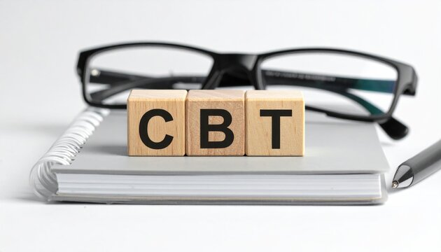 CBT Cognitive behavioral therapy concept, wooden blocks on a gray notepad with glasses