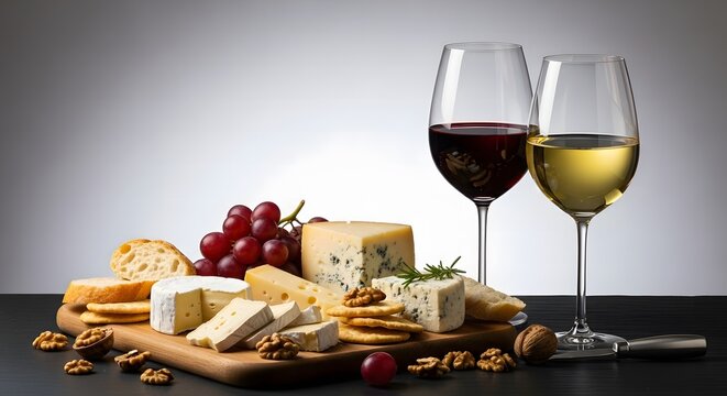 Gourmet cheese selection paired with red wine on a wooden board