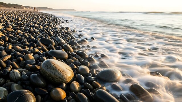 Pebble Beach Serenity - Waves Washing Over Smooth Stones at Sunset.