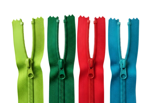 Four colorful zippers in a row isolated on transparent background