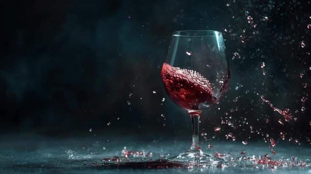 Dynamic red wine splashing from glass in energetic motion. dramatic liquid splash of alcohol beverage with elegant droplets against moody dark background