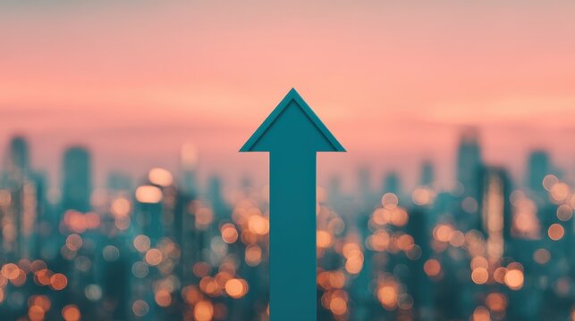 A stylized upward arrow points towards a blurred city skyline at dusk, illuminated by soft bokeh lights and a warm pastel sky.