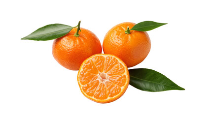 Fresh oranges with green leaves, one sliced revealing juicy interior and vibrant color
