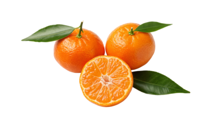 Fresh oranges with green leaves, one sliced revealing juicy interior and vibrant color
