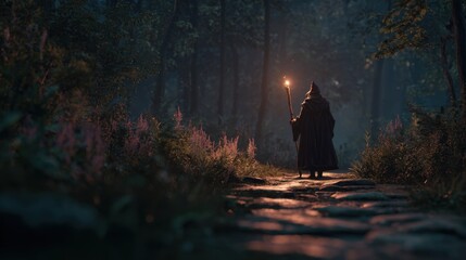 Mysterious Hooded Figure Walking Through Forest at Night Holding Torch