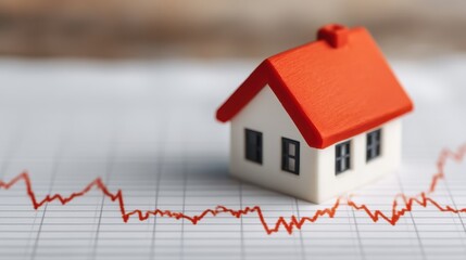 A miniature house sits atop a graph with a fluctuating red line, symbolizing real estate trends and market dynamics.