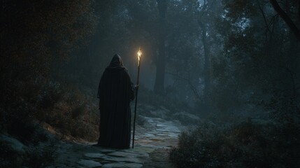 Mystical Hooded Figure Walking in Dark Forest Holding Torch at Night
