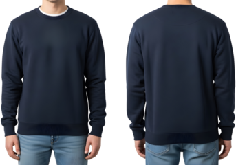 Front and back view of a dark blue crew neck sweater isolated on transparent background