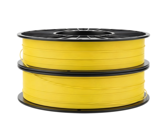 Two spools of bright yellow filament for 3d printing isolated on transparent background