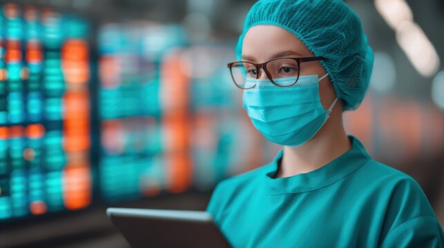 A healthcare professional in scrubs and a mask, focused on a tablet, with colorful data displays in the background.