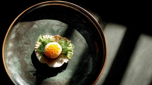 Sophisticated top view of minimalist gourmet appetizer. single quail egg with its vibrant yolk on green herb bed presented on dark ceramic plate under dramatic light