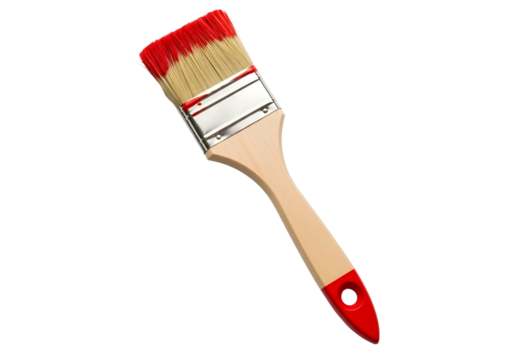 Paintbrush with red paint on bristles isolated on transparent background