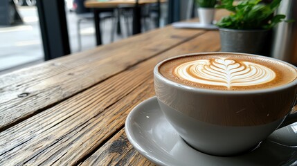 Close-up of a latte art coffee cup on a wooden table in a cafe, with a blurred background. The cup is on a saucer, and there is a plant in a pot visible.