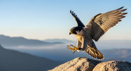 Majestic peregrine falcon in mid-air over a rocky mountain peak during golden hour for wildlife freedom concept and natural wilderness beauty