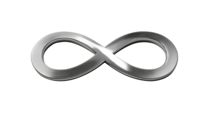 Silver metallic infinity symbol, a visual representation of endlessness, eternity, and perpetual motion. Transparent background